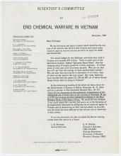 Letter, Scientists Committee to End Chemical Warfare in Vietnam dated December 1968.