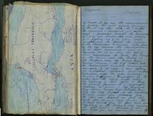 Ship's log with map, Walter Dennis dated April 25, 1915.