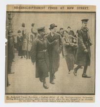 Newspaper clipping, No-Conscriptionist [A. Fenner Brockway] Fined at Bow Street.