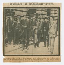 Newspaper clipping, "Surrender of No-Conscriptionists" including Clifford Allen and A. Fenner Brockway.