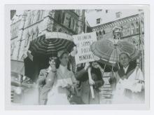 Group of protestors, Mrs. Eva Sanderson and Mrs. Mary Endicott.