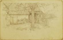 Pencil drawing of a house and yard.