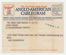 Telegram, Eric Aldwinckle dated August 28, 1943.