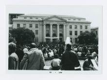 Large group of people at Sproul Plaza, University of Berkeley.