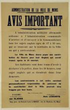 War poster, Administration de la Ville de Mons, Avis Important.