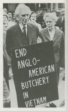 Bertrand and Edith Russell with sign "End Anglo-American Butchery in Vietnam".