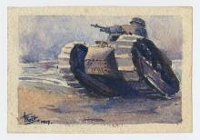 Watercolour painting of a tank.