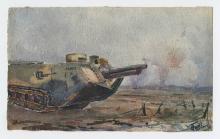 Watercolour painting of a tank. 